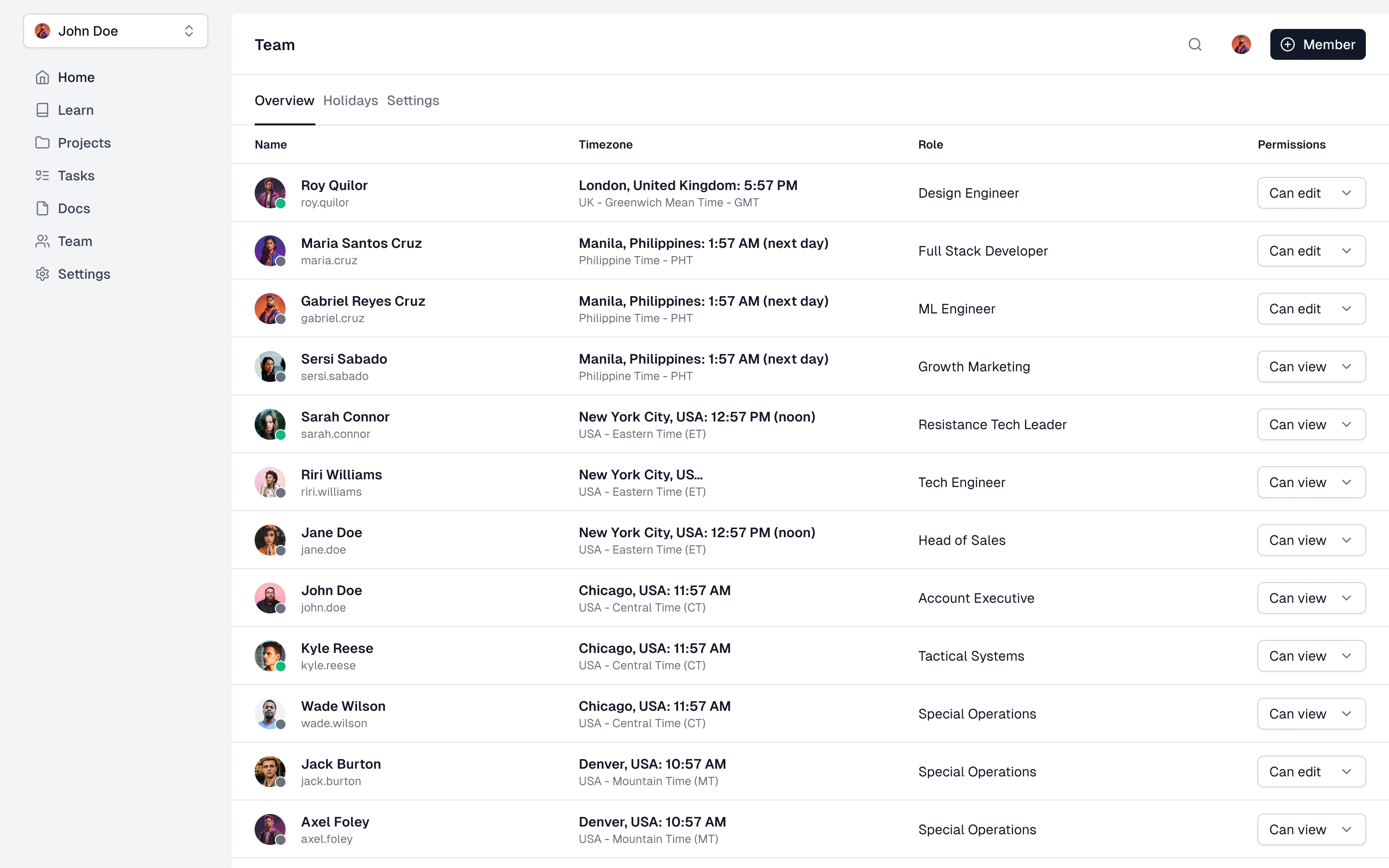 Team table screen designed in Figma