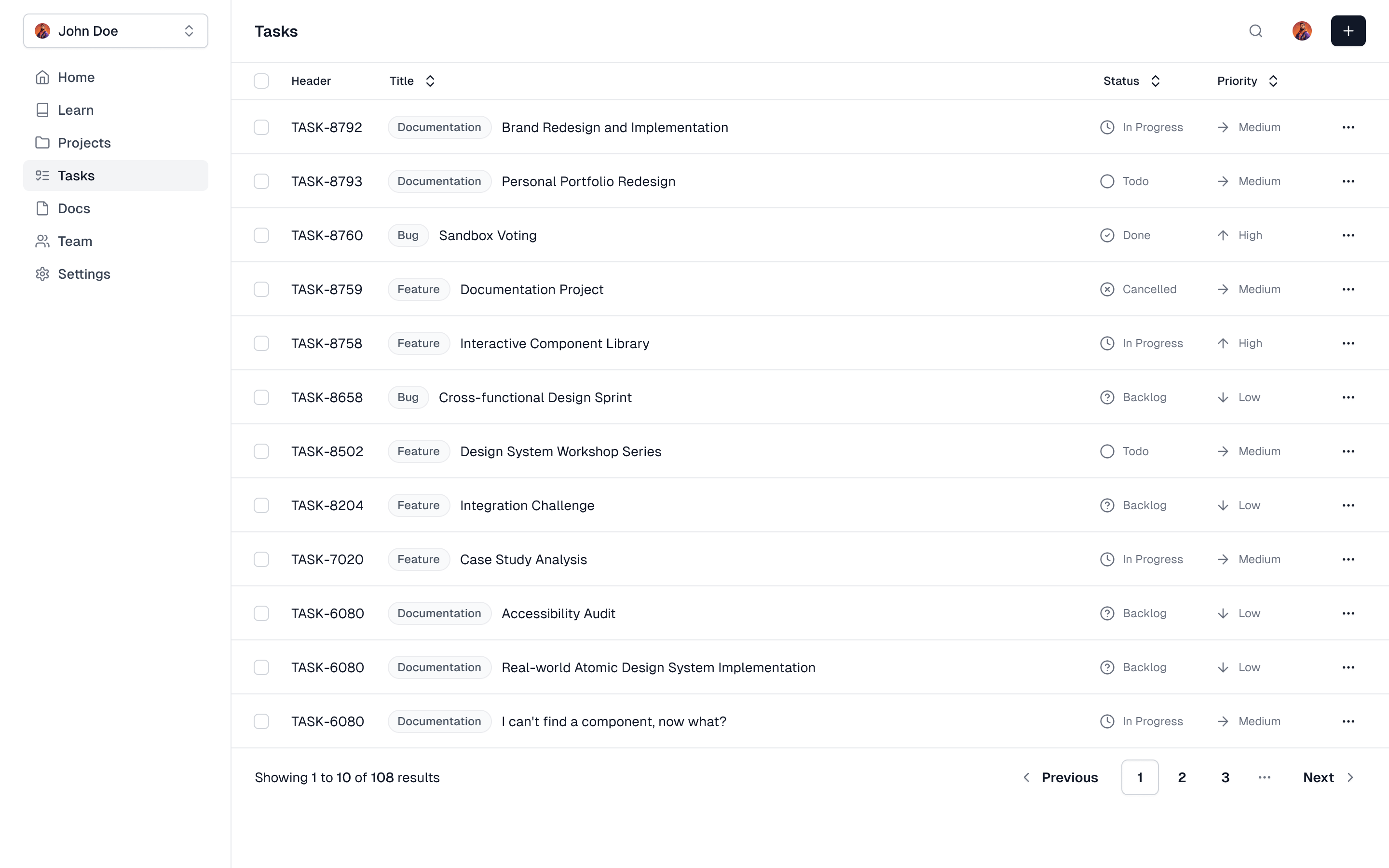 Tasks screen table designed in Figma based on Shadcn/UI