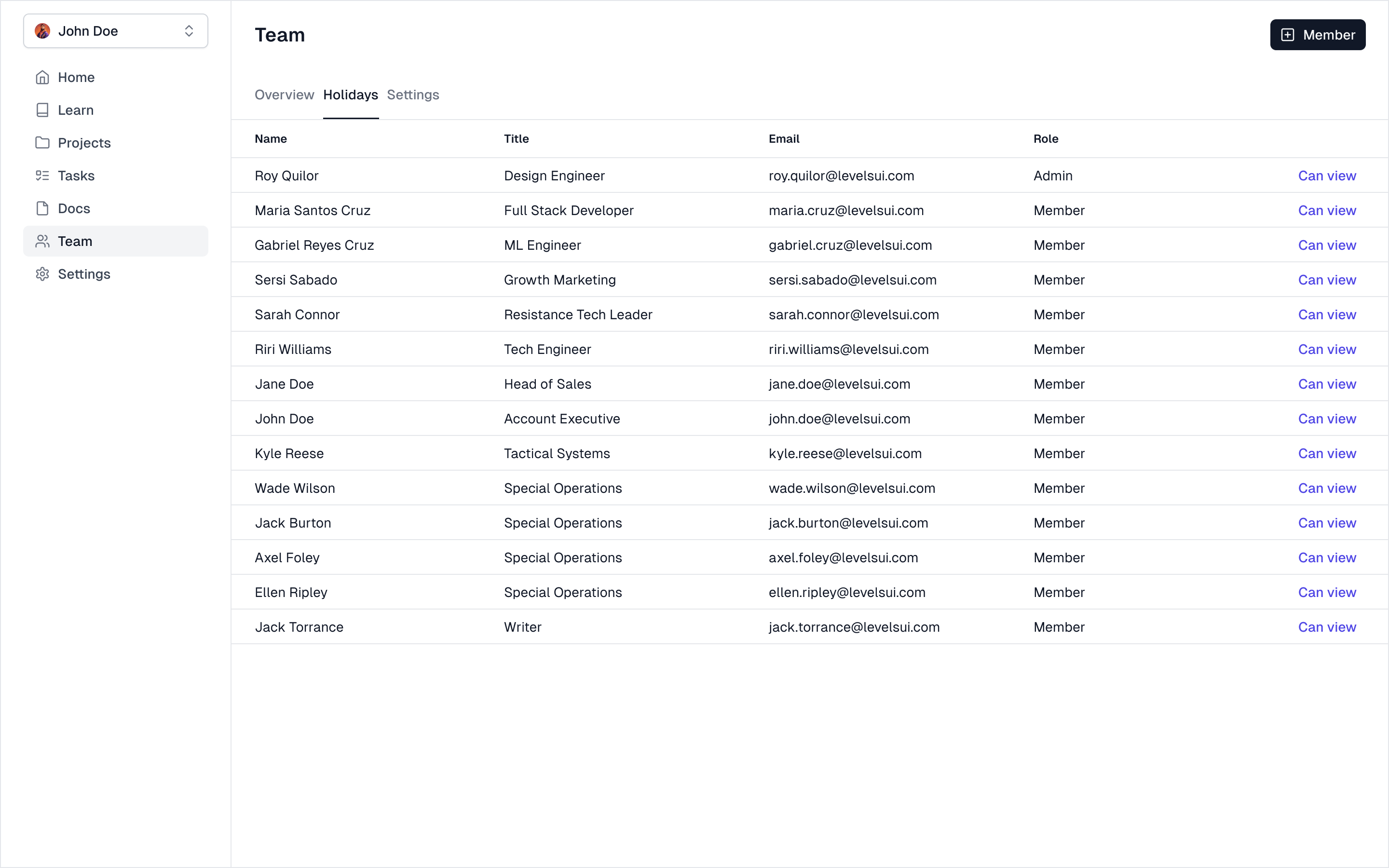 Minimal team table screen designed in Figma